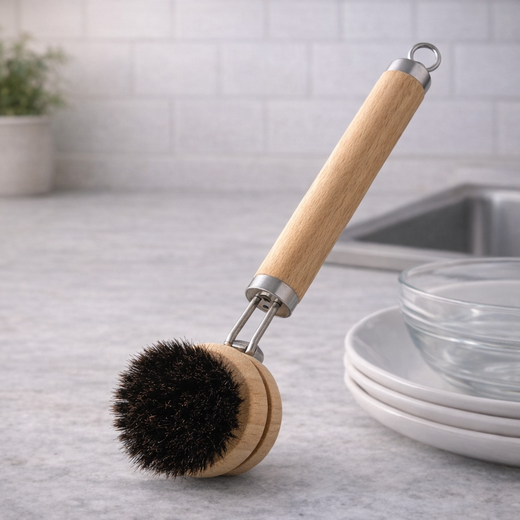 FoodSaver® Replaceable Natural Dish Brush Set – 3 Bristle Types for All Cookware, Eco-Friendly Long Handle Cleaning Brush