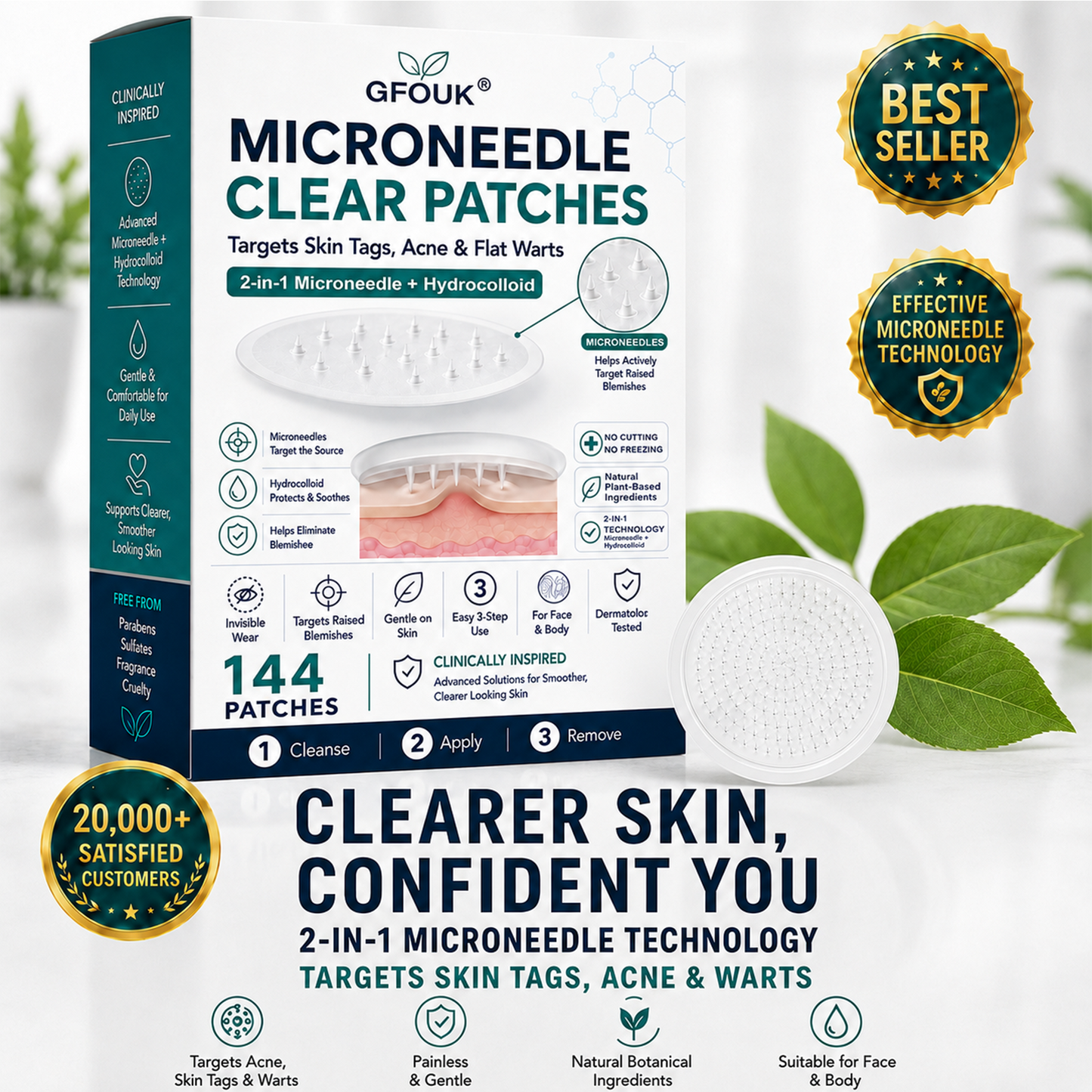 🔥GFOUK® 2-in-1 Microneedle & Hydrocolloid Patch🍀 | Removes raised moles, acne, flat warts, and skin tags | Invisible patches for face and body