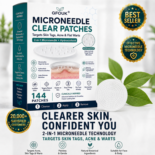 🔥GFOUK® 2-in-1 Microneedle & Hydrocolloid Patch🍀 | Removes raised moles, acne, flat warts, and skin tags | Invisible patches for face and body