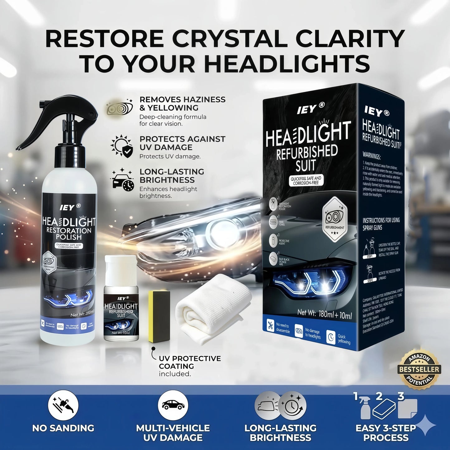 Automotive Headlamp Restoration Fluid, Restore Oxidized & Yellowed Headlights with Crystalline Coating, Anti-Blur Refurbisher