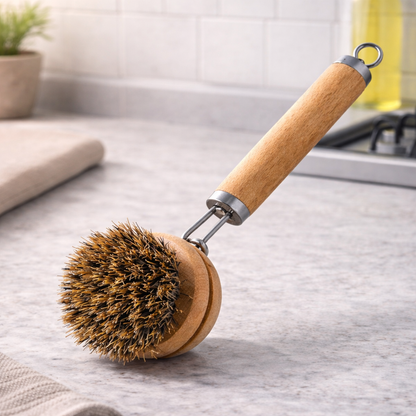 FoodSaver® Replaceable Natural Dish Brush Set – 3 Bristle Types for All Cookware, Eco-Friendly Long Handle Cleaning Brush
