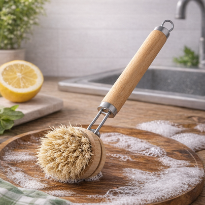 FoodSaver® Replaceable Natural Dish Brush Set – 3 Bristle Types for All Cookware, Eco-Friendly Long Handle Cleaning Brush