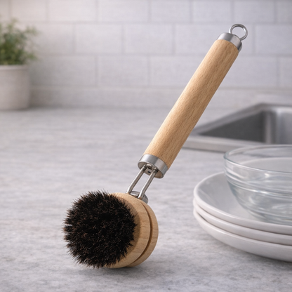 FoodSaver® Replaceable Natural Dish Brush Set – 3 Bristle Types for All Cookware, Eco-Friendly Long Handle Cleaning Brush
