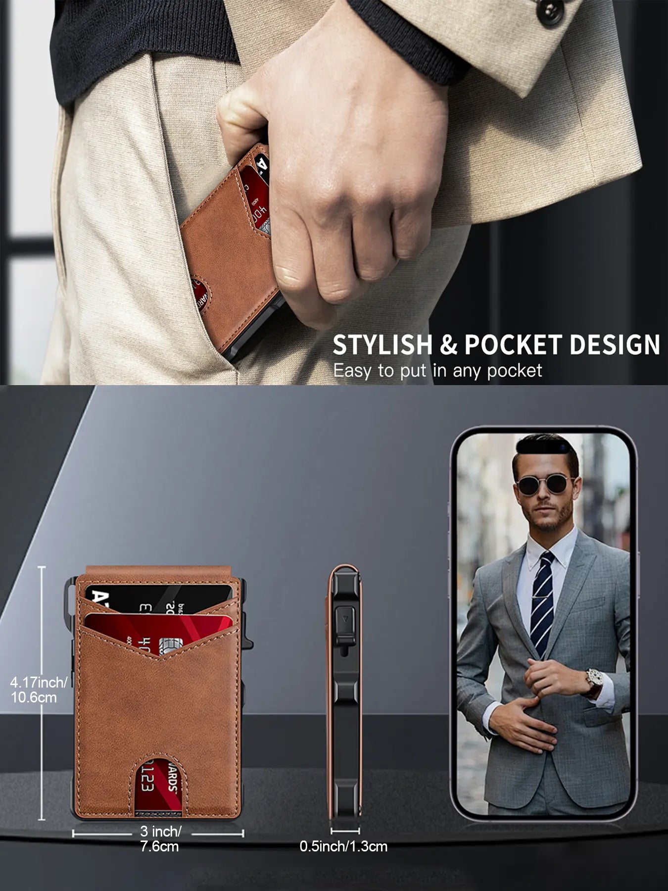 Minimalist Men’s Slim Wallet: 9 - 13 Cards, Money Clip, ID Window. RFID - Blocking, Aluminum Bifold Pop - Up