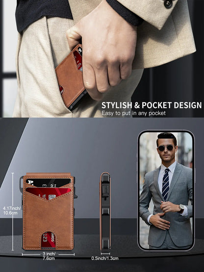Minimalist Men’s Slim Wallet: 9 - 13 Cards, Money Clip, ID Window. RFID - Blocking, Aluminum Bifold Pop - Up