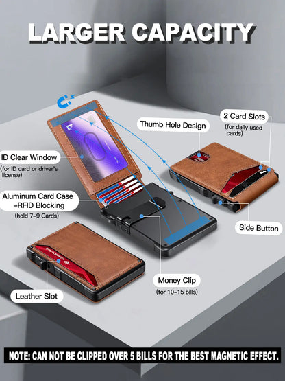 Minimalist Men’s Slim Wallet: 9 - 13 Cards, Money Clip, ID Window. RFID - Blocking, Aluminum Bifold Pop - Up