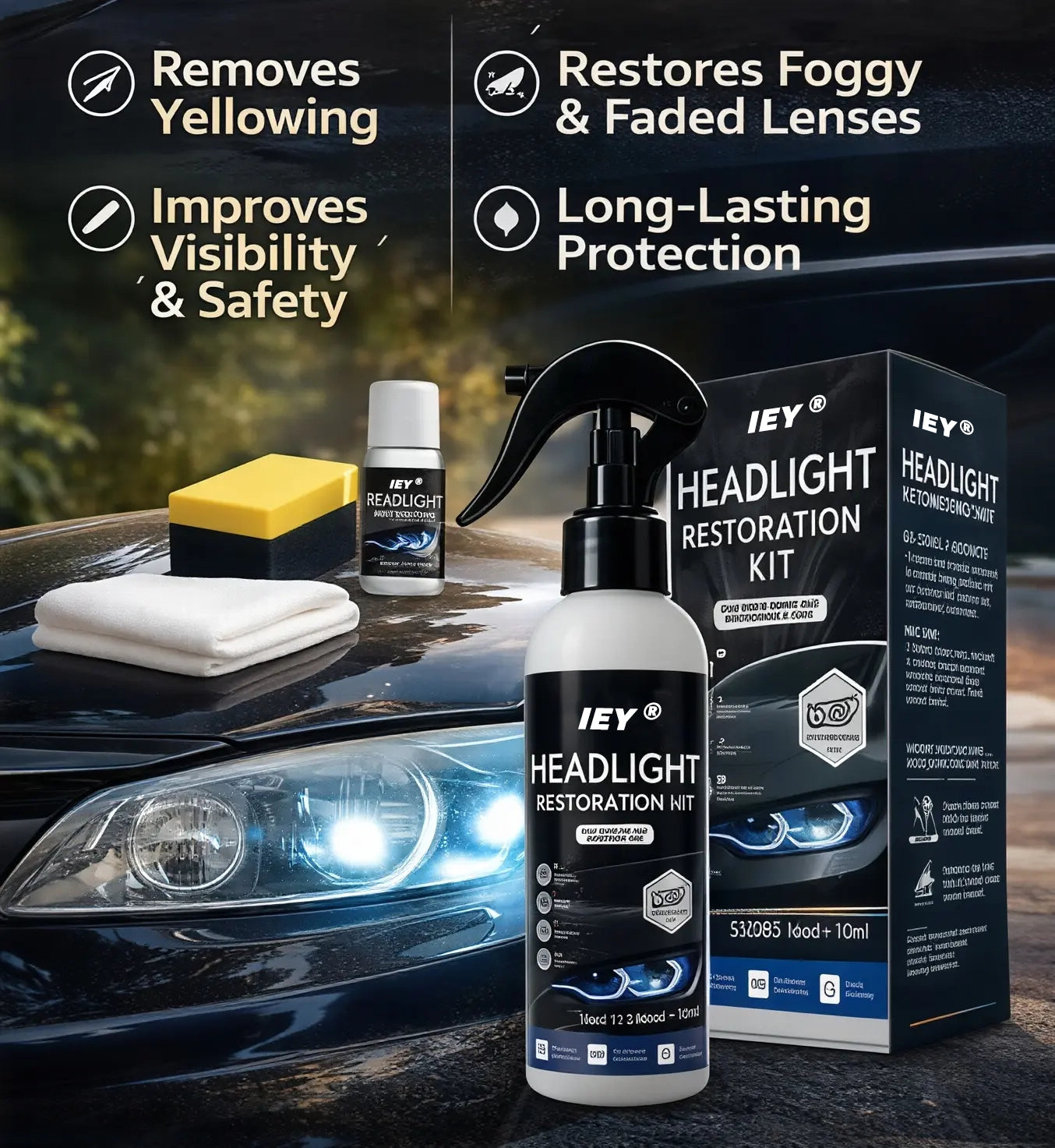 Automotive Headlamp Restoration Fluid, Restore Oxidized & Yellowed Headlights with Crystalline Coating, Anti-Blur Refurbisher